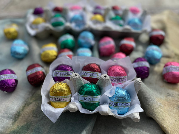 Colourful vegan chocolate eater eggs made with no gluten, dairy or refined sugar