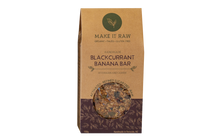 Black currant banana bar is a gluten, diary and refined sugar free energy bar. 100% natural wholefoods dehydrated into a yummy crunchy bar