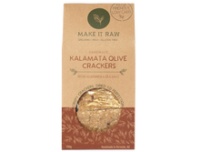 Kalamata Olive Crackers from Make it Raw. Made with activated almonds, organic flaxseed and olives. A yummy gluten and dairy free savoury snack.